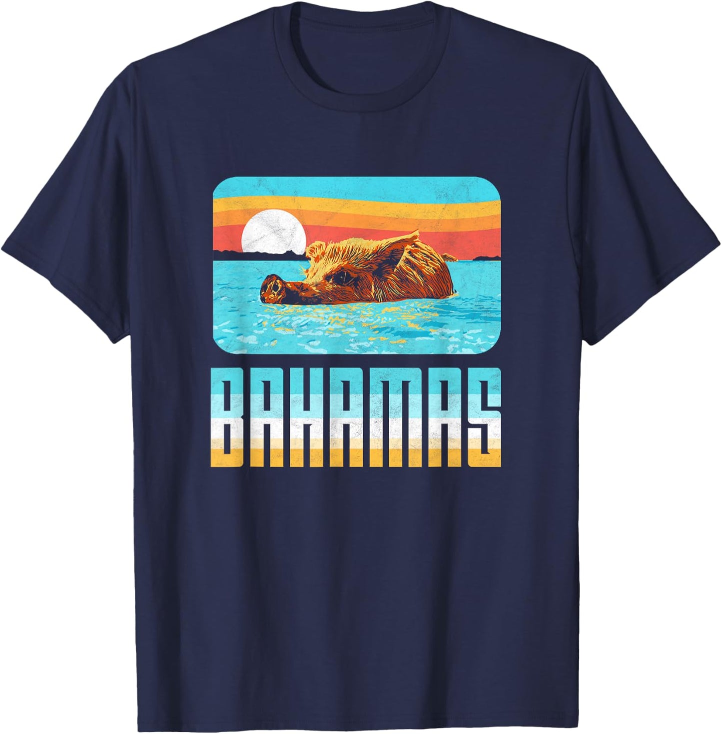 Retro Bahamas Swimming Pig Funny Vintage Feral Hog Beach T-Shirt - T-Shirt | Navy
