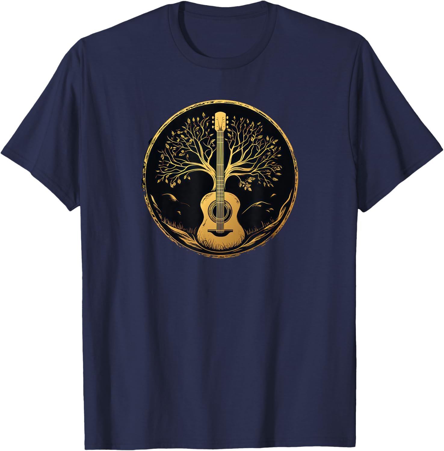 Acoustic Guitar Tree Lake Nature Folk Music Graphic T-Shirt - T-Shirt | Navy