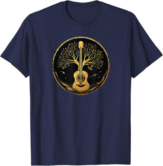 Acoustic Guitar Tree Lake Nature Folk Music Graphic T-Shirt - T-Shirt | Navy