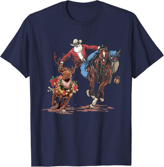 Cowboy Santa Riding Horse Reindeers Christmas T-Shirt - T-Shirt | Navy