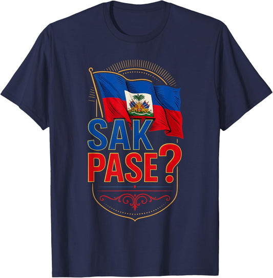 Sak Pase Haitian Pride Flag Creole Greeting Design T-Shirt - T-Shirt | Navy