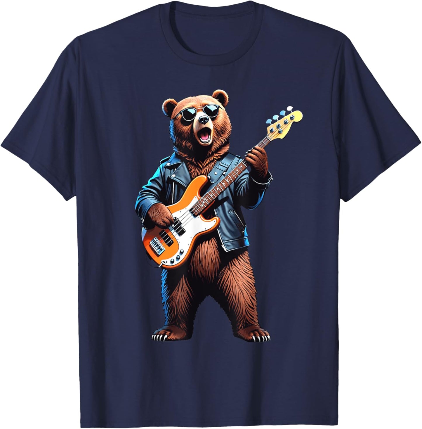Retro Bear Playing Bass Guitar Bassist Guitarist Music Lover T-Shirt - T-Shirt | Navy