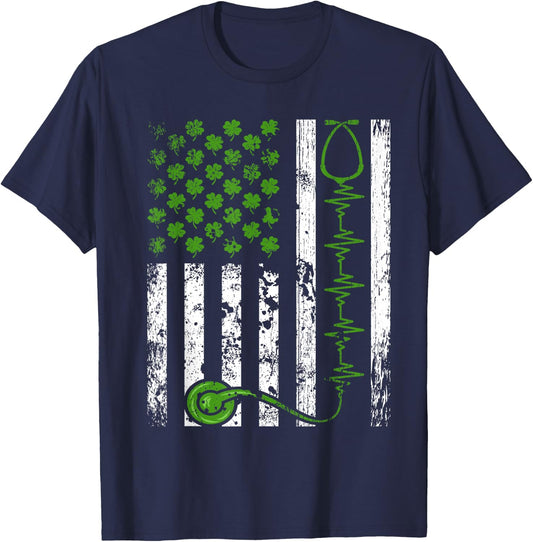 Irish Nurse St Patrick's Day Shirt Nurse Irish American Flag T-Shirt - T-Shirt | Navy