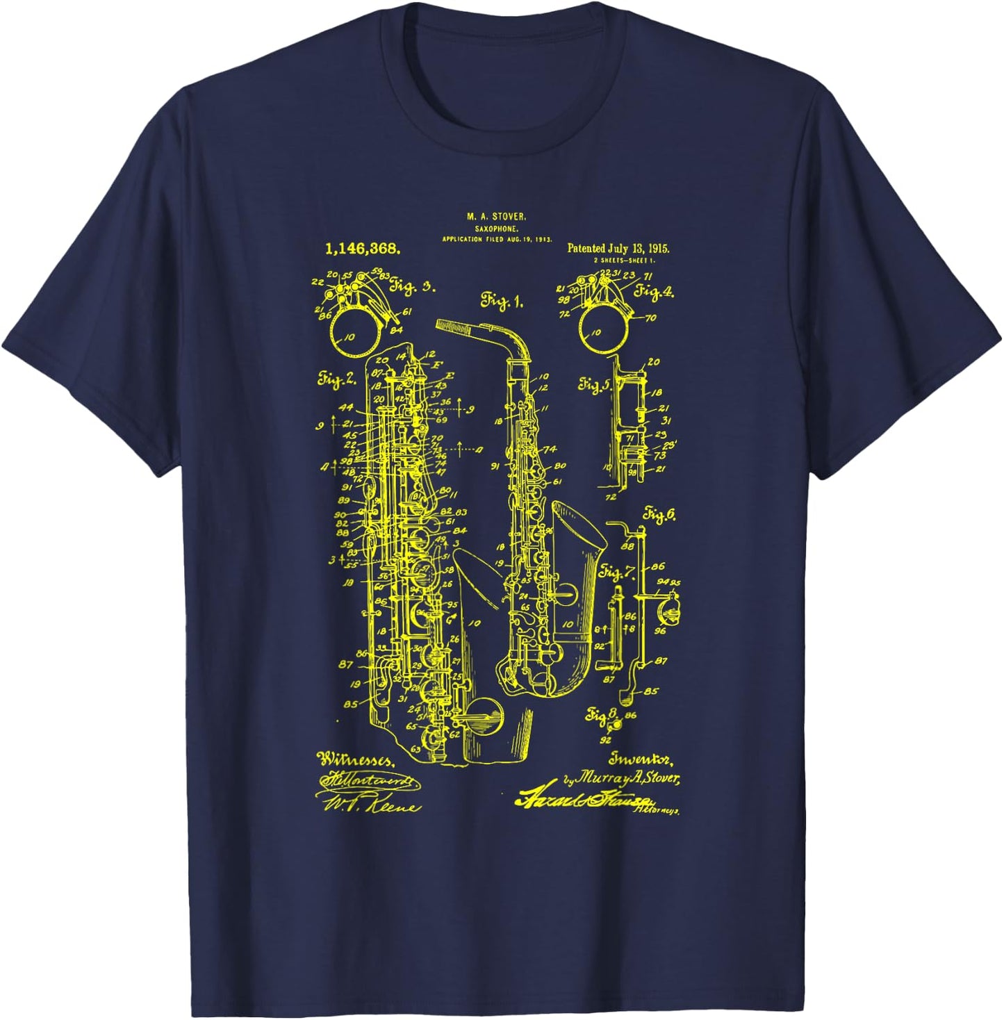 Saxophone Old Vintage Patent Drawing Print Saxophone T-Shirt - T-Shirt | Navy