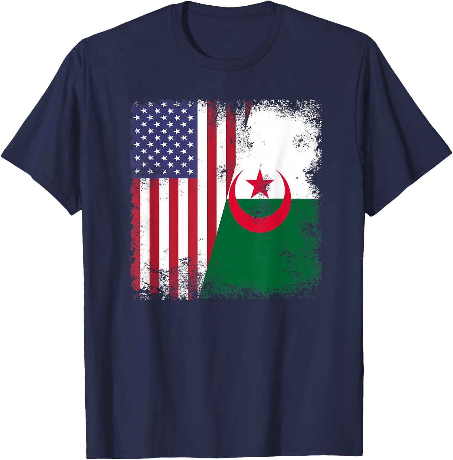 Half Algerian Flag | Vintage Algeria USA Gift T-Shirt - T-Shirt | Navy