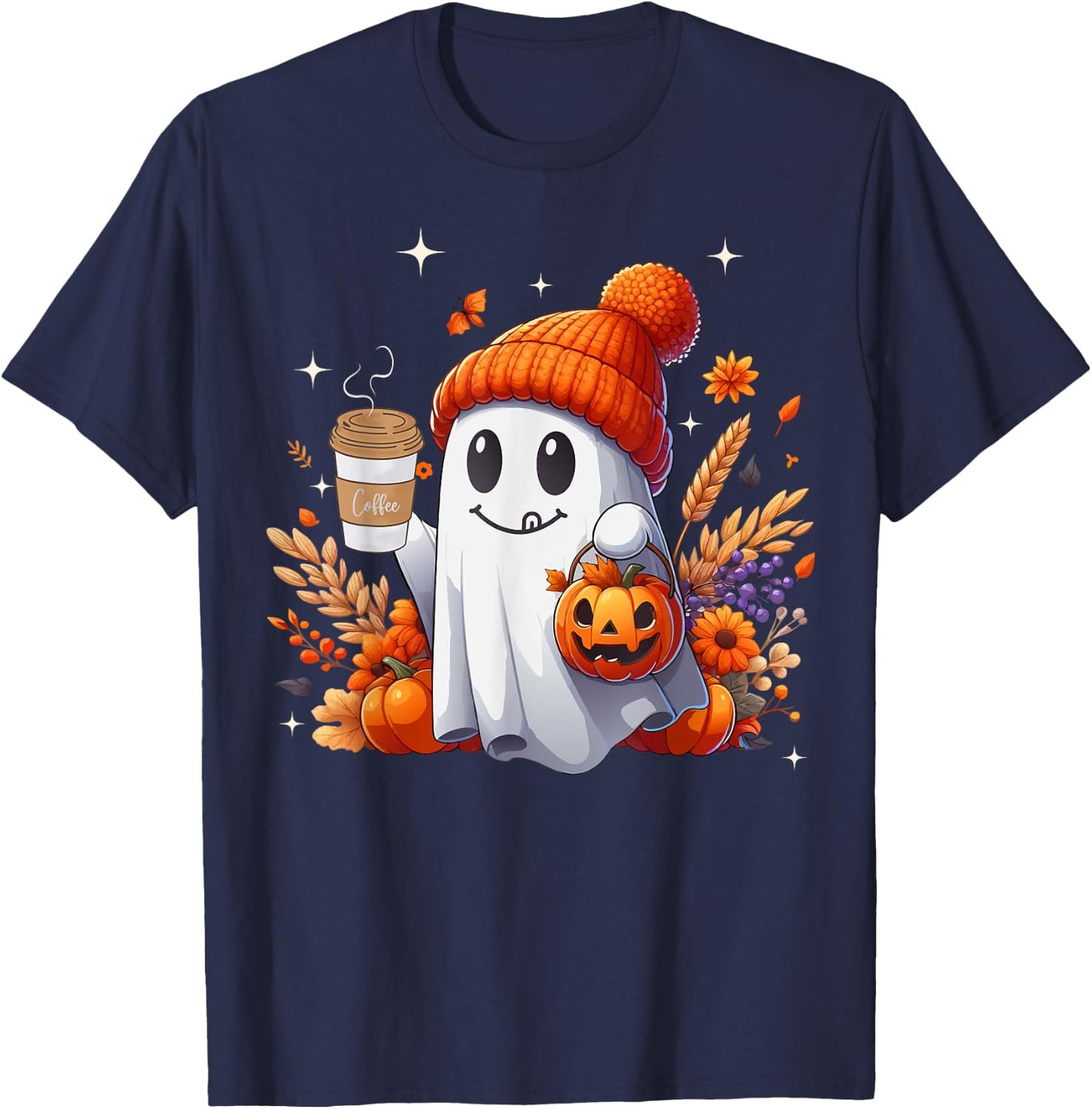 Men Women Autumn Cute Ghost Drinking Coffee Spooky Halloween T-Shirt - T-Shirt | Navy