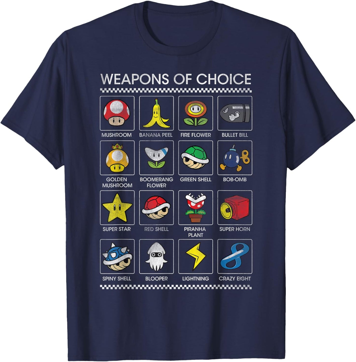Mario Kart Black : Classic Fit, Short Sleeve, Polyester - Weapons of Choice Poster Design T-Shirt - T-Shirt | Navy