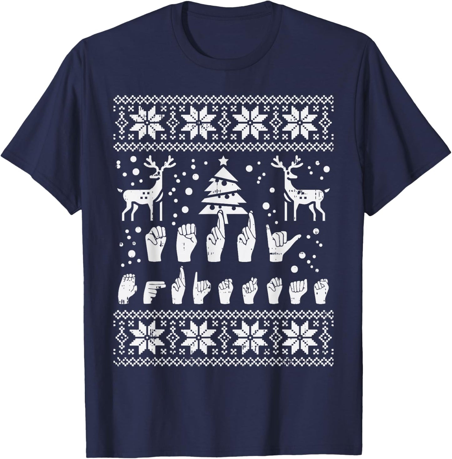Merry Christmas Sign Language ASL Deaf Ugly Christmas Gift T-Shirt - T-Shirt | Navy