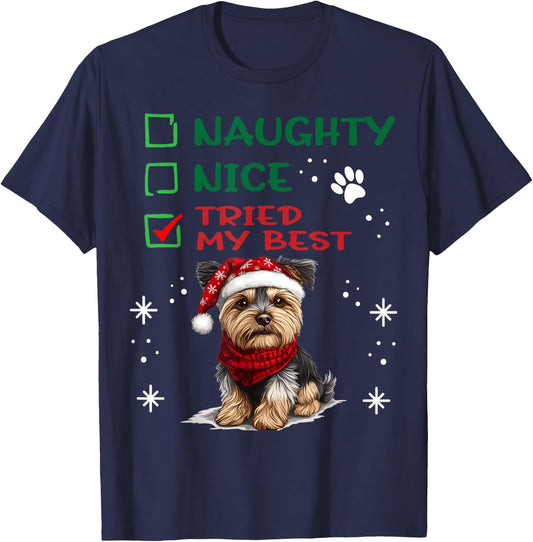 Cute Yorkshire Terrier Yorkie dog Dog Christmas Naughty Nice T-Shirt - T-Shirt | Navy