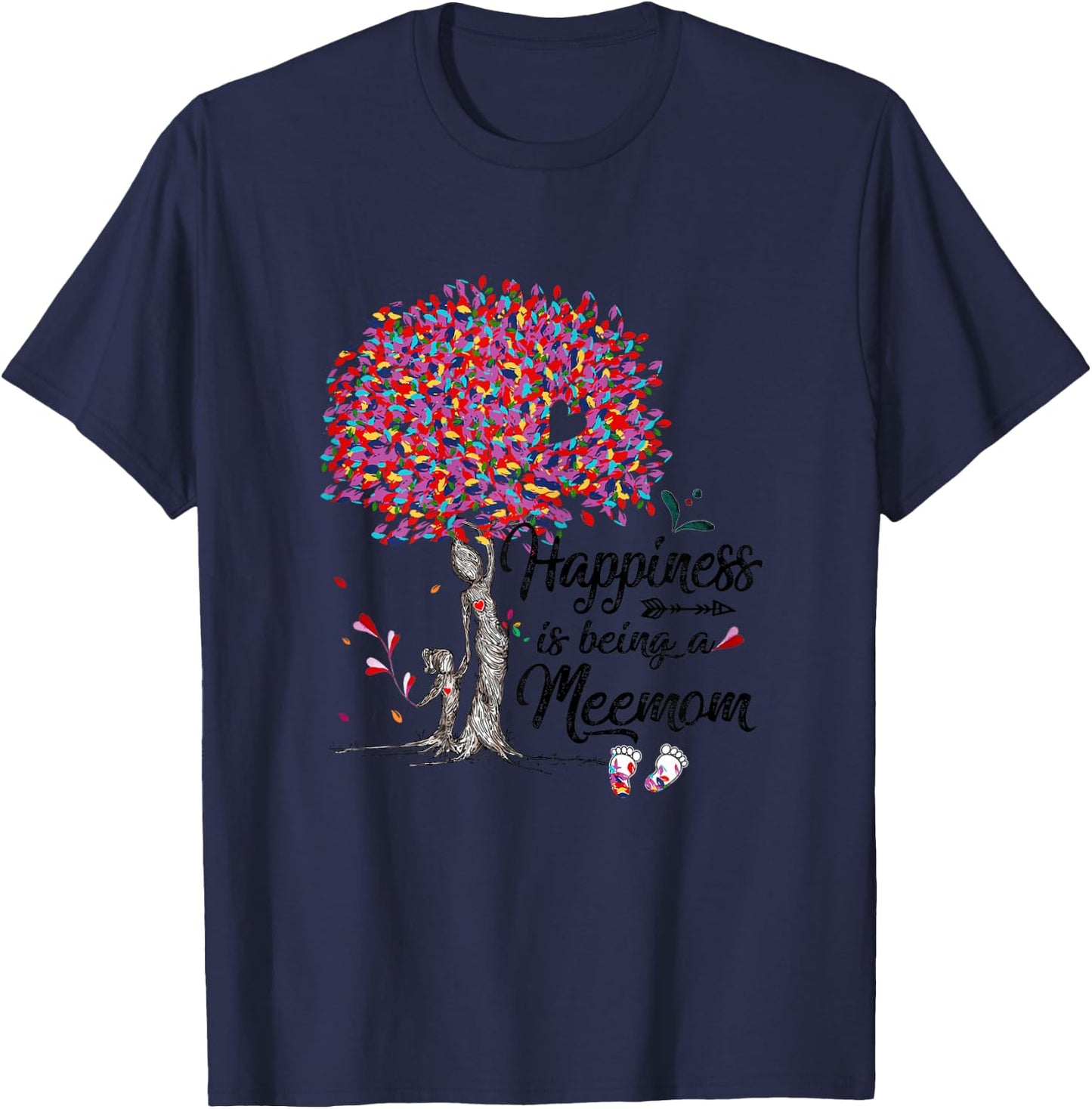 Tree - Happiness is being Meemom- Footprints-Grandmatee T-Shirt - T-Shirt | Navy
