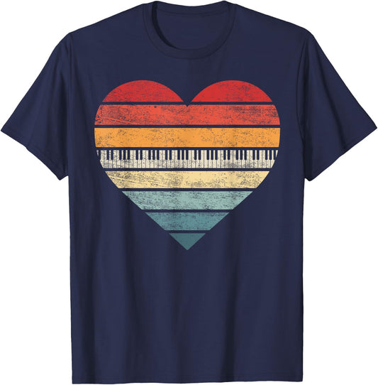 Pianist Gifts Retro Sunset Piano Keyboard Player Teacher T-Shirt - T-Shirt | Navy