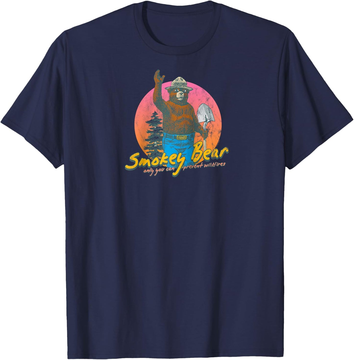 Smokey Bear Retro Smokey Bear Colorful Sunset PSA Raglan Baseball T-Shirt - T-Shirt | Navy