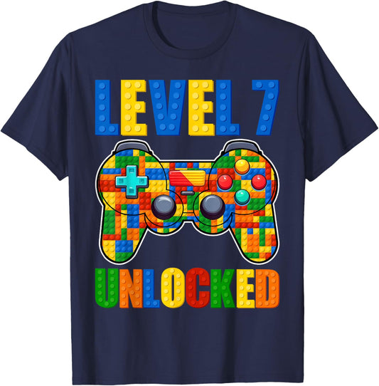 Level 7 Unlocked Building Blocks 7th Birthday Video Game Boy T-Shirt - T-Shirt | Navy