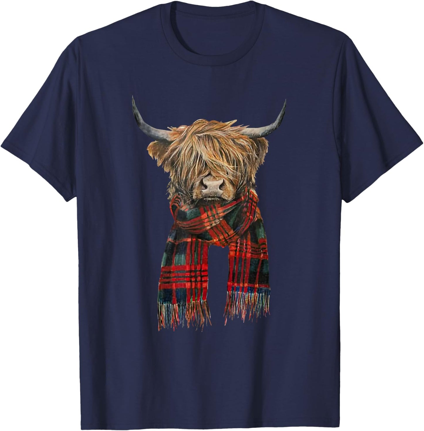 Cute Highland Cow Wearing Buffalo Plaid Scarf Farming Farmer T-Shirt - T-Shirt | Navy