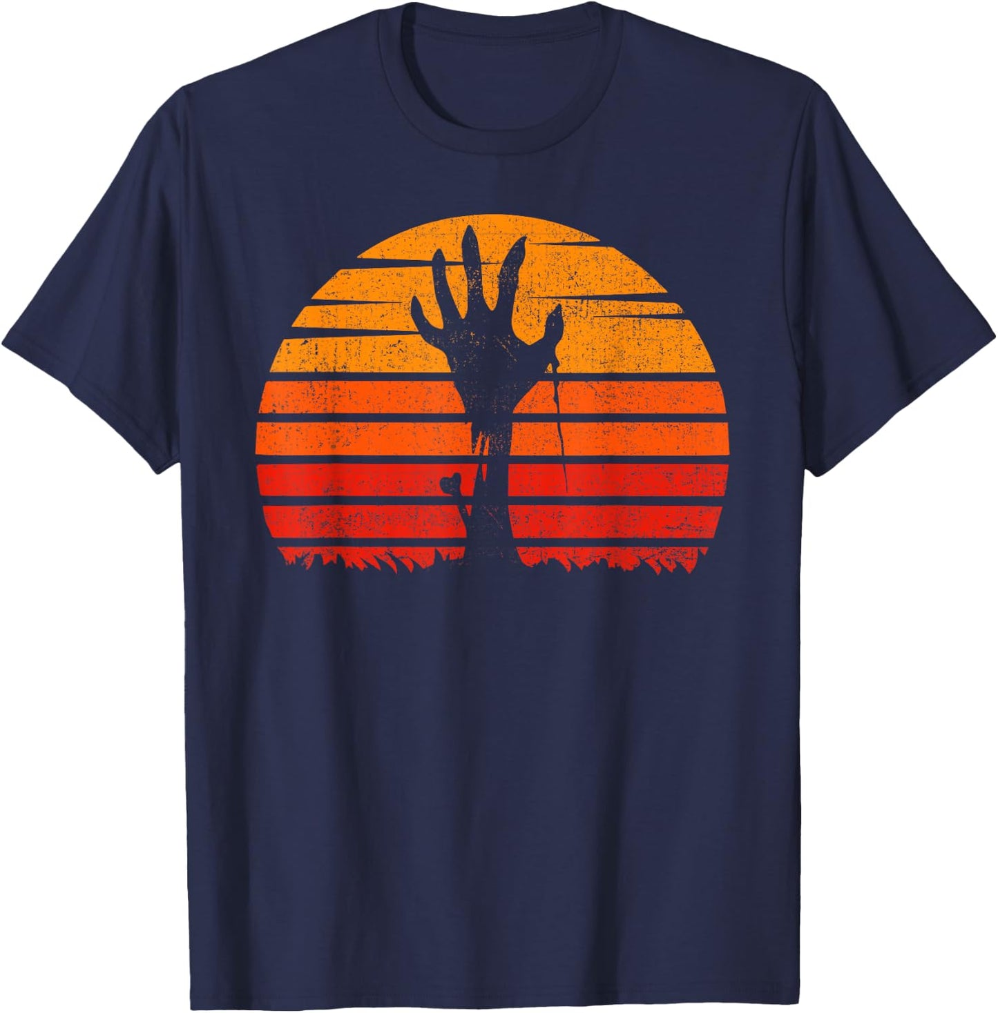 Vintage Retro Sunset Halloween Zombie Hand Scary Costume T-Shirt - T-Shirt | Navy