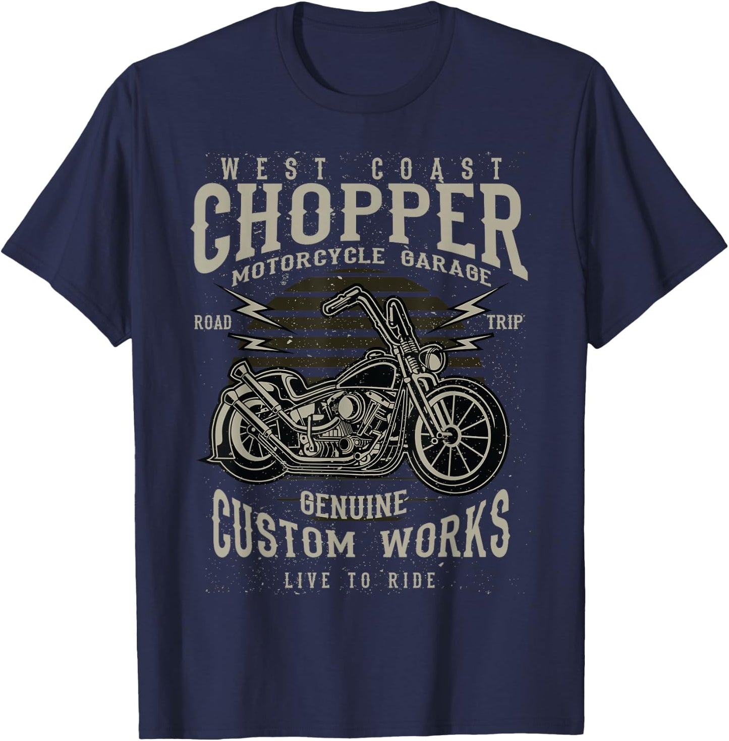 Berto Freimini West Coast Chopper Motorcycle Garage Vintage Biker Black Adults Classic Fit Short Sleeve T-Shirt - T-Shirt | Navy