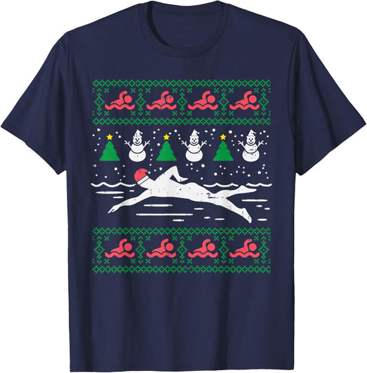 Swimmin Santa Ugly Christmas Sweater Sport Swim Swimmer Gift T-Shirt - T-Shirt | Navy