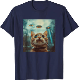 Cat Selfie with UFOs Weird Print Graphic Space Funny T-Shirt - T-Shirt | Navy