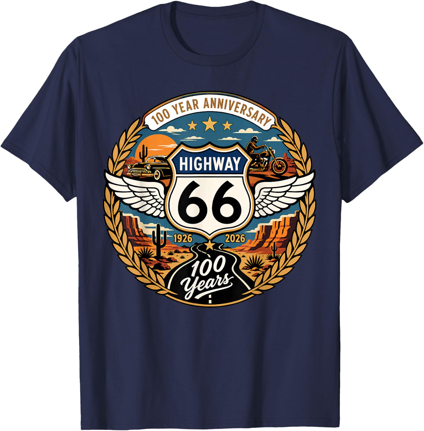 Highway 66 Centennial Car Anniversary 100 Years 1926-2026 T-Shirt - T-Shirt | Navy