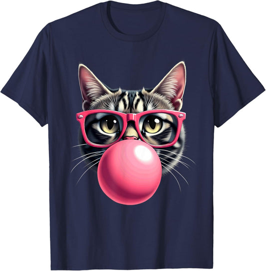 Cute Cat Blowing Bubble Gum T-Shirt - T-Shirt | Navy