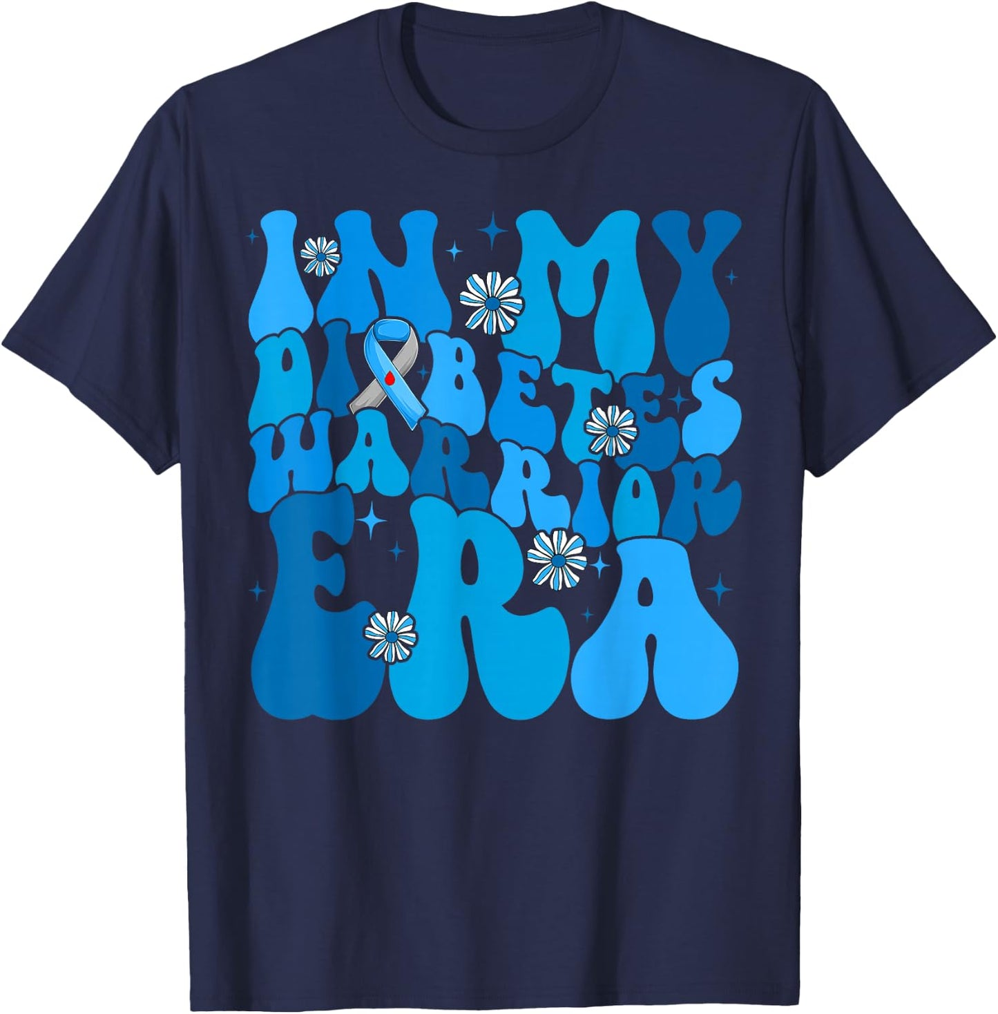 Retro Groovy In My Diabetes Warrior Era Blue Gray Ribbon T-Shirt - T-Shirt | Navy