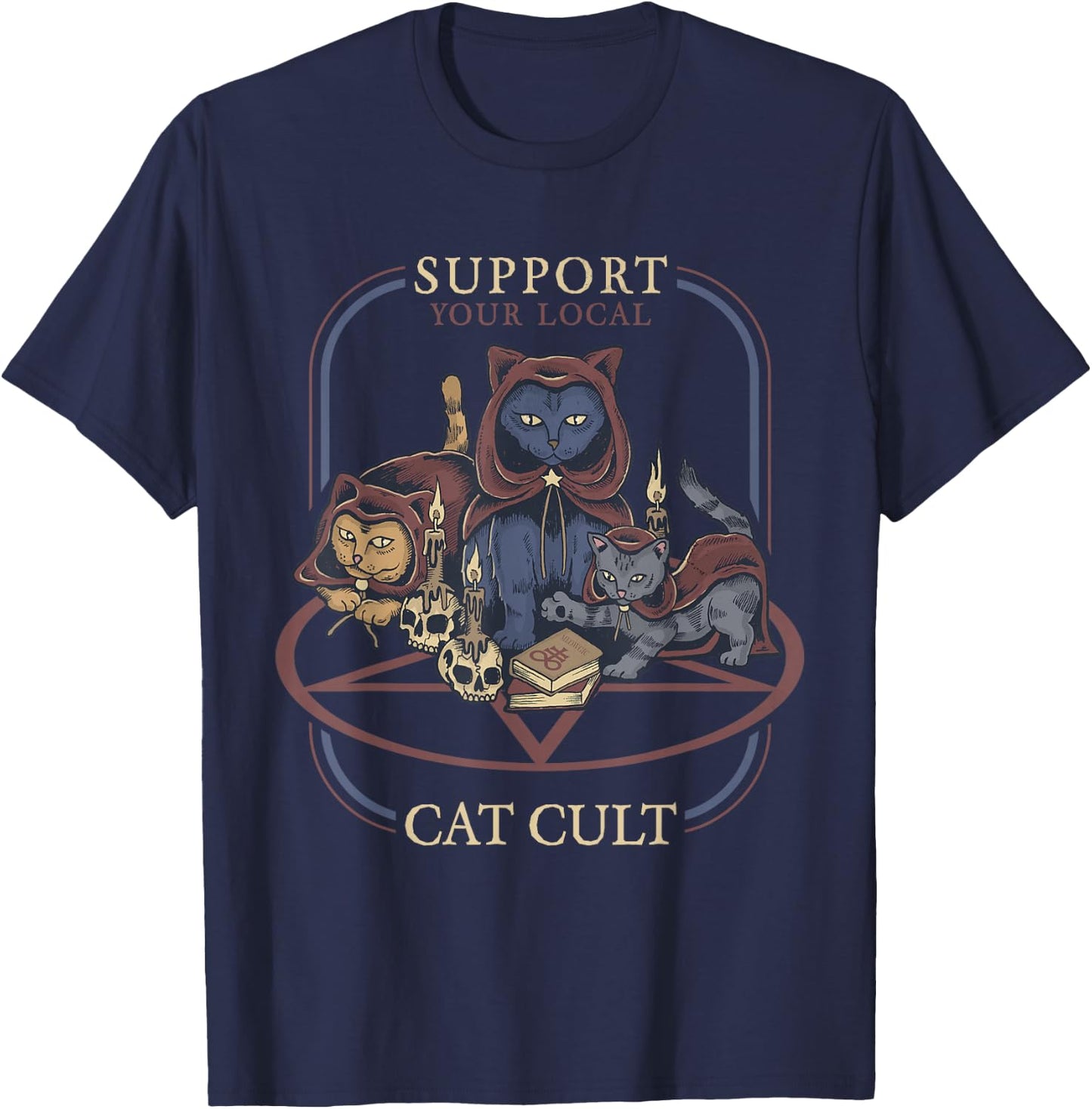 Support Your Local Cat Cult - Retro Occult T-Shirt - T-Shirt | Navy