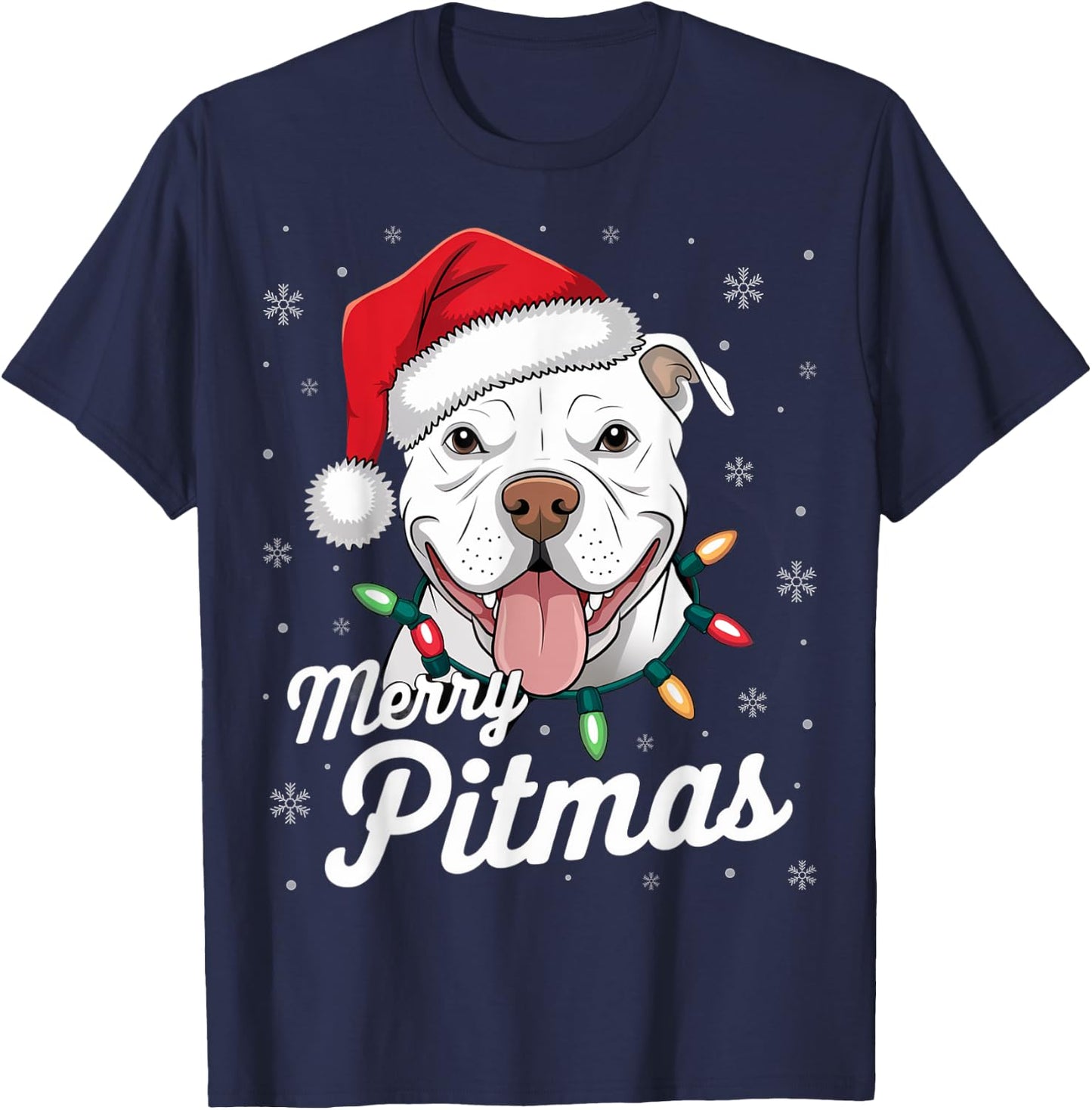 Merry Pitmas Pitbull Dog Xmas Lights Santa Hat Christmas Women T-Shirt - T-Shirt | Navy