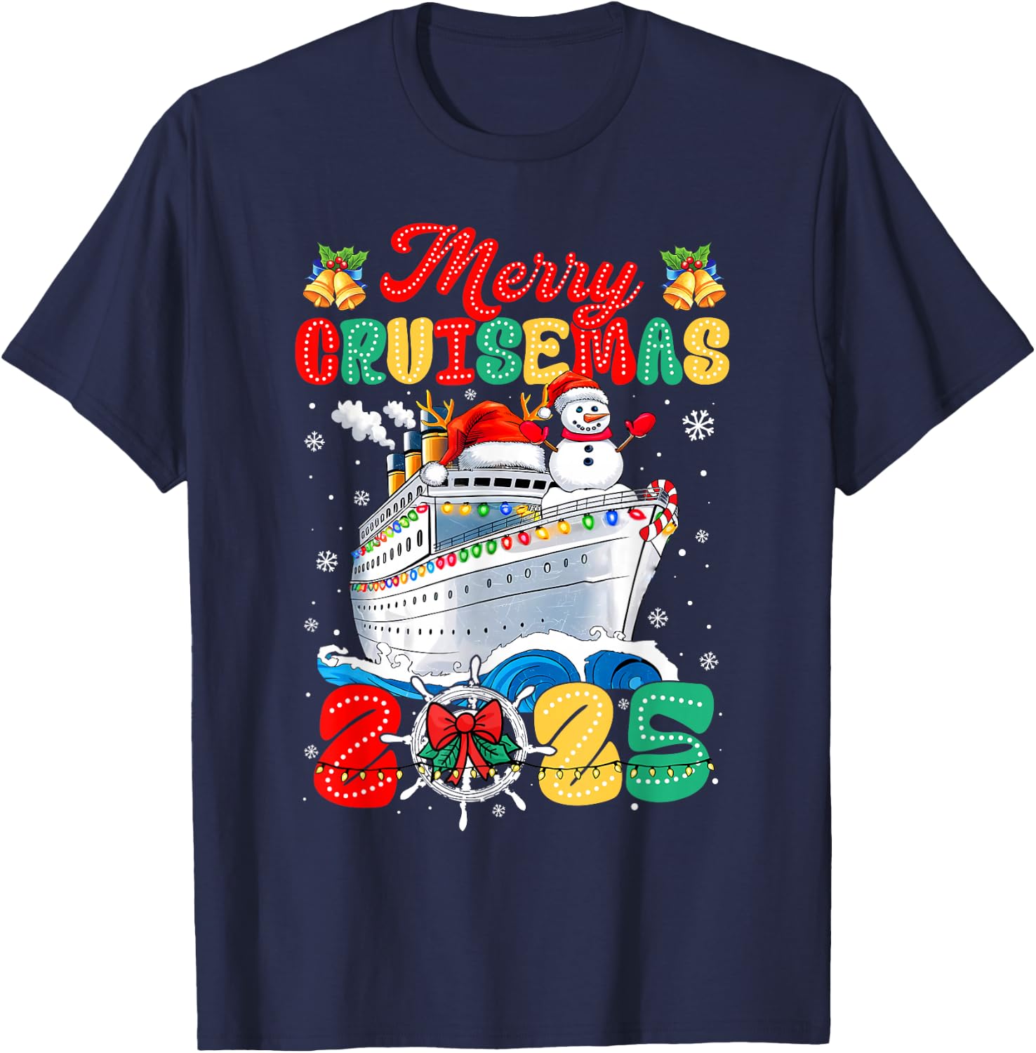 Merry Cruisemas 2025 Christmas Santa Groovy Cruise Ship T-Shirt - T-Shirt | Navy