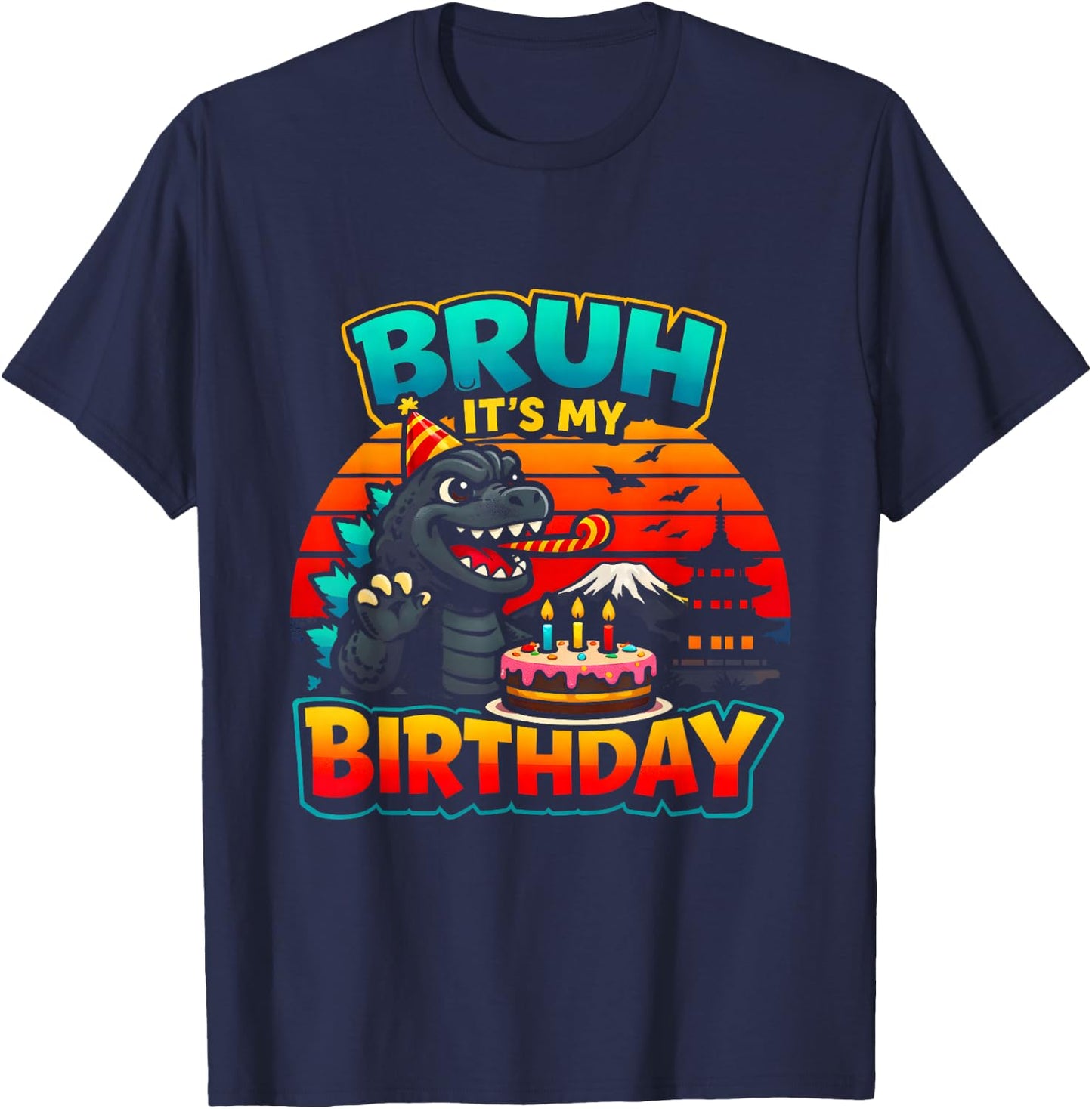 Funny Dinosaur It’s My Birthday Retro Sunset Giant Monster T-Shirt - T-Shirt | Navy