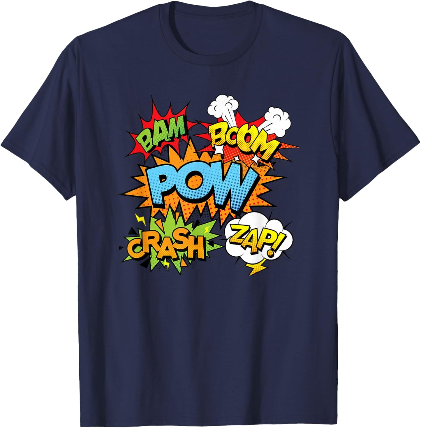 Comic Book Bam Pow Crash Boom Zap Bubbles in Bright Colors T-Shirt - T-Shirt | Navy