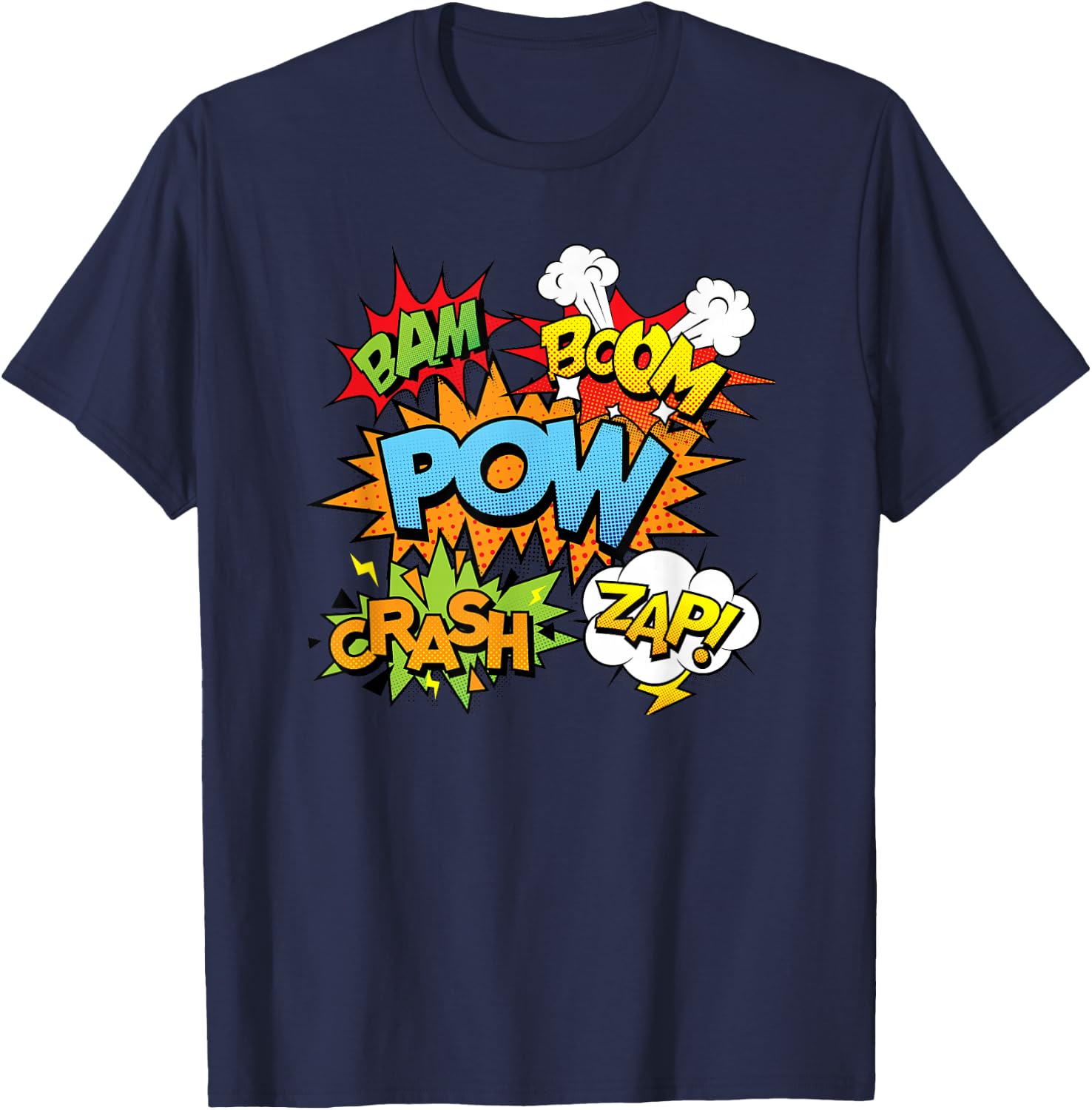Comic Book Bam Pow Crash Boom Zap Bubbles in Bright Colors T-Shirt - T-Shirt | Navy