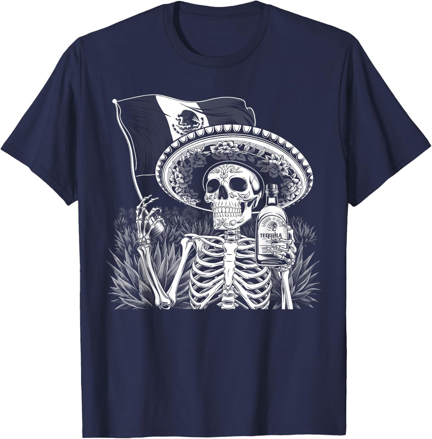 Mexico Vintage Skeleton Tequila Dia De Los Muertos Mexican T-Shirt - T-Shirt | Navy