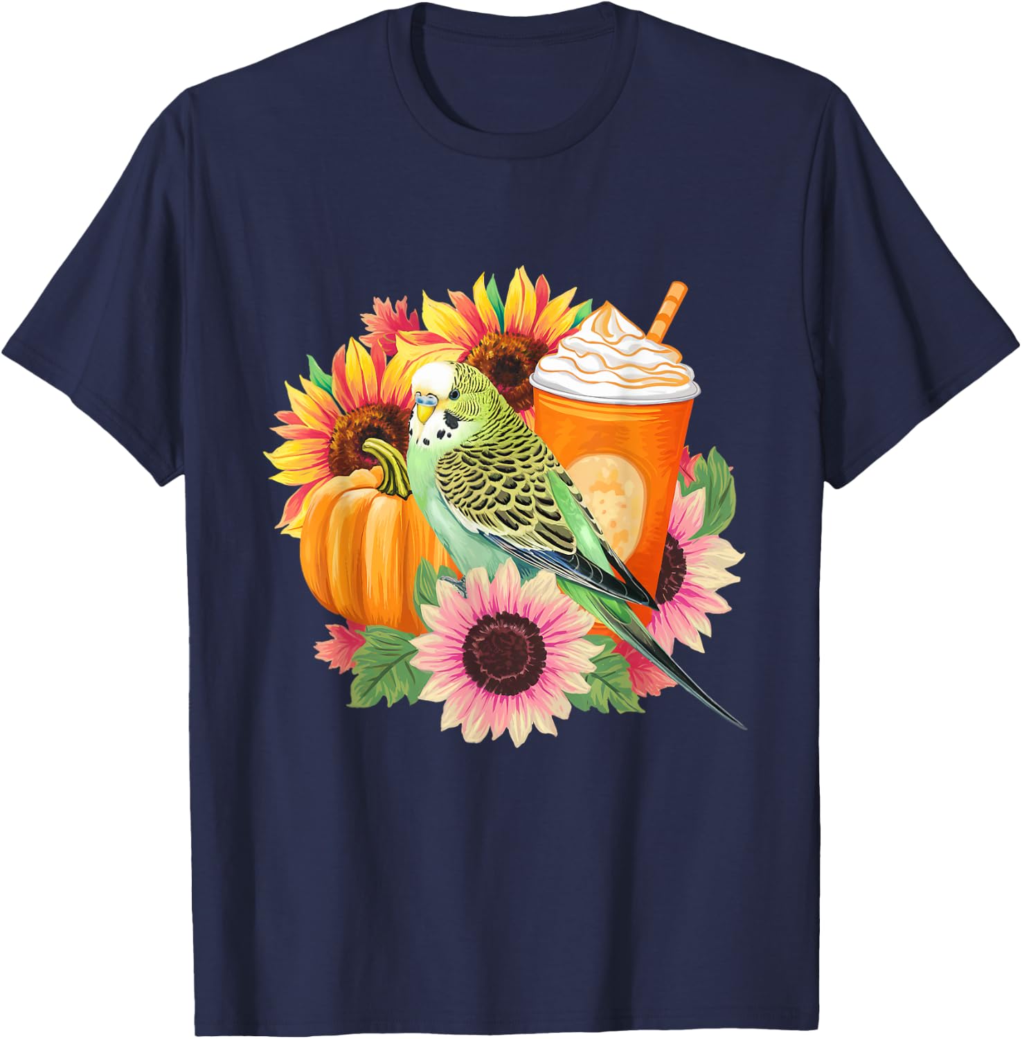 Budgies Autumn Love Pumpkin Latte and Flowers T-Shirt - T-Shirt | Navy