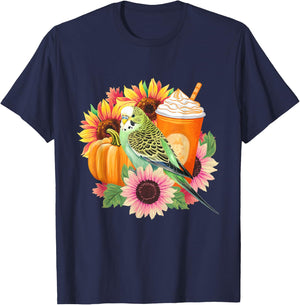 Budgies Autumn Love Pumpkin Latte and Flowers T-Shirt - T-Shirt | Navy
