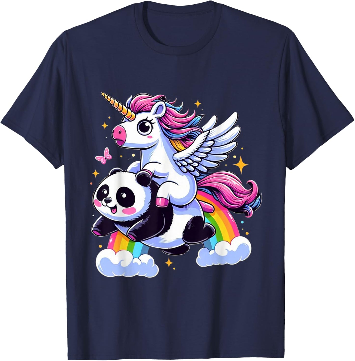 Unicorn Riding Panda Boys Girls Men Women Kids Rainbow T-Shirt - T-Shirt | Navy
