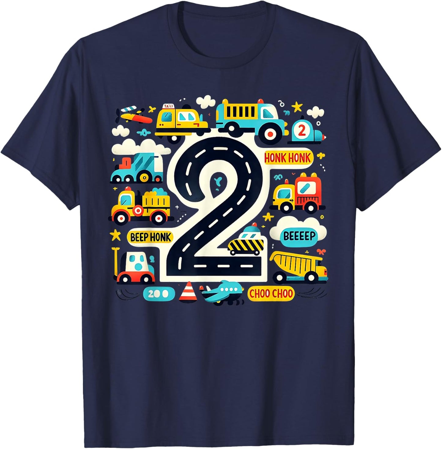 Kids 2 Transportation Trucks Car 2nd Birthday Toddler Boy T-Shirt - T-Shirt | Navy