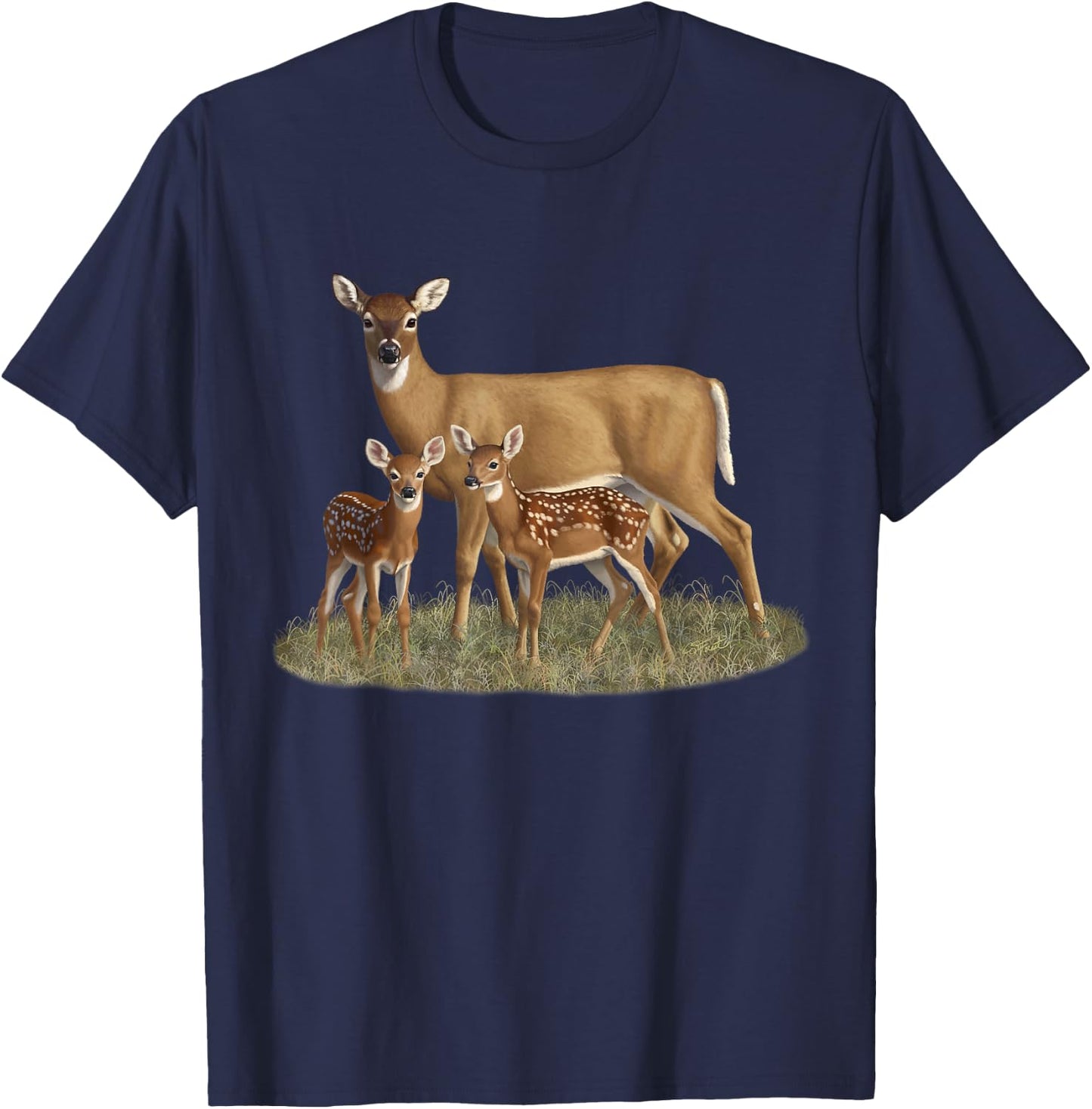 Whitetail Deer Doe & Cute Twin Fawns Wildlife Art T-Shirt - T-Shirt | Navy