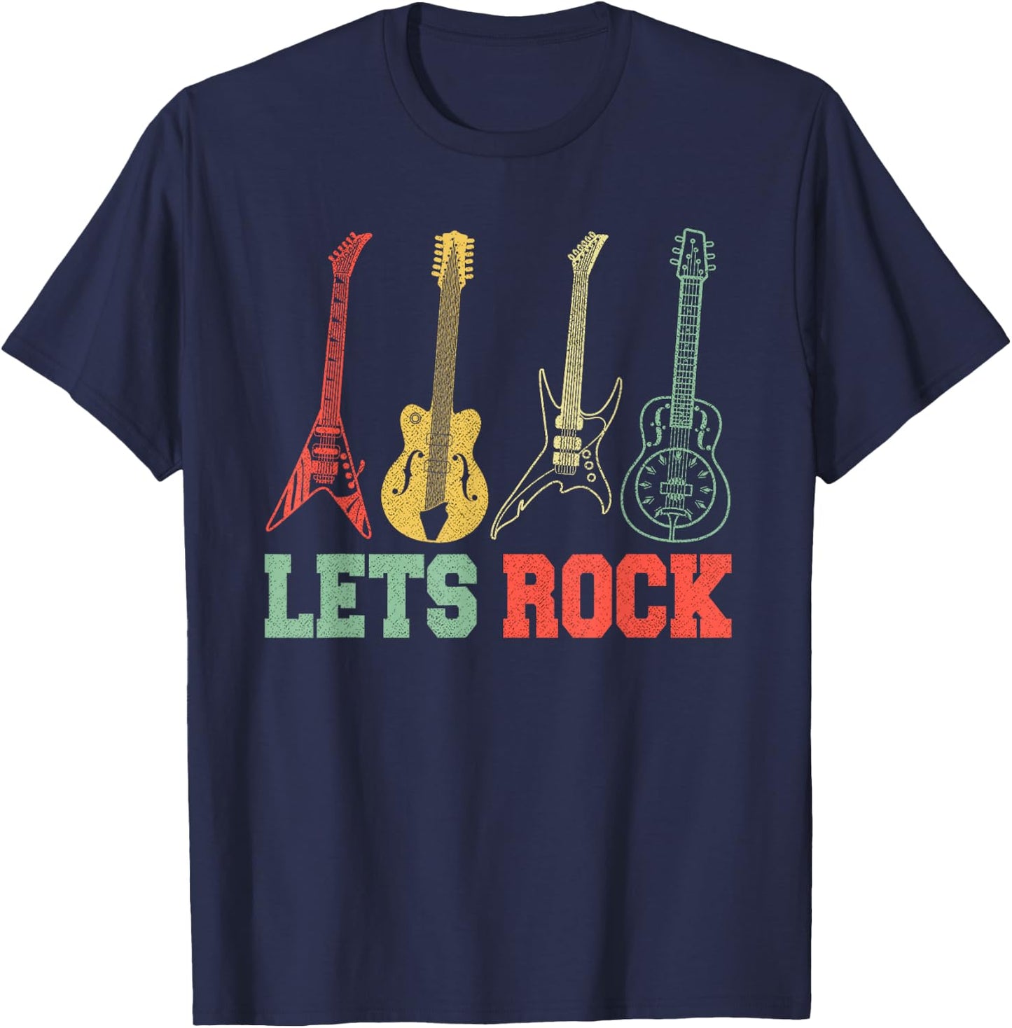 Lets Rock Rock n Roll Guitar Retro Small T-Shirt - T-Shirt | Navy