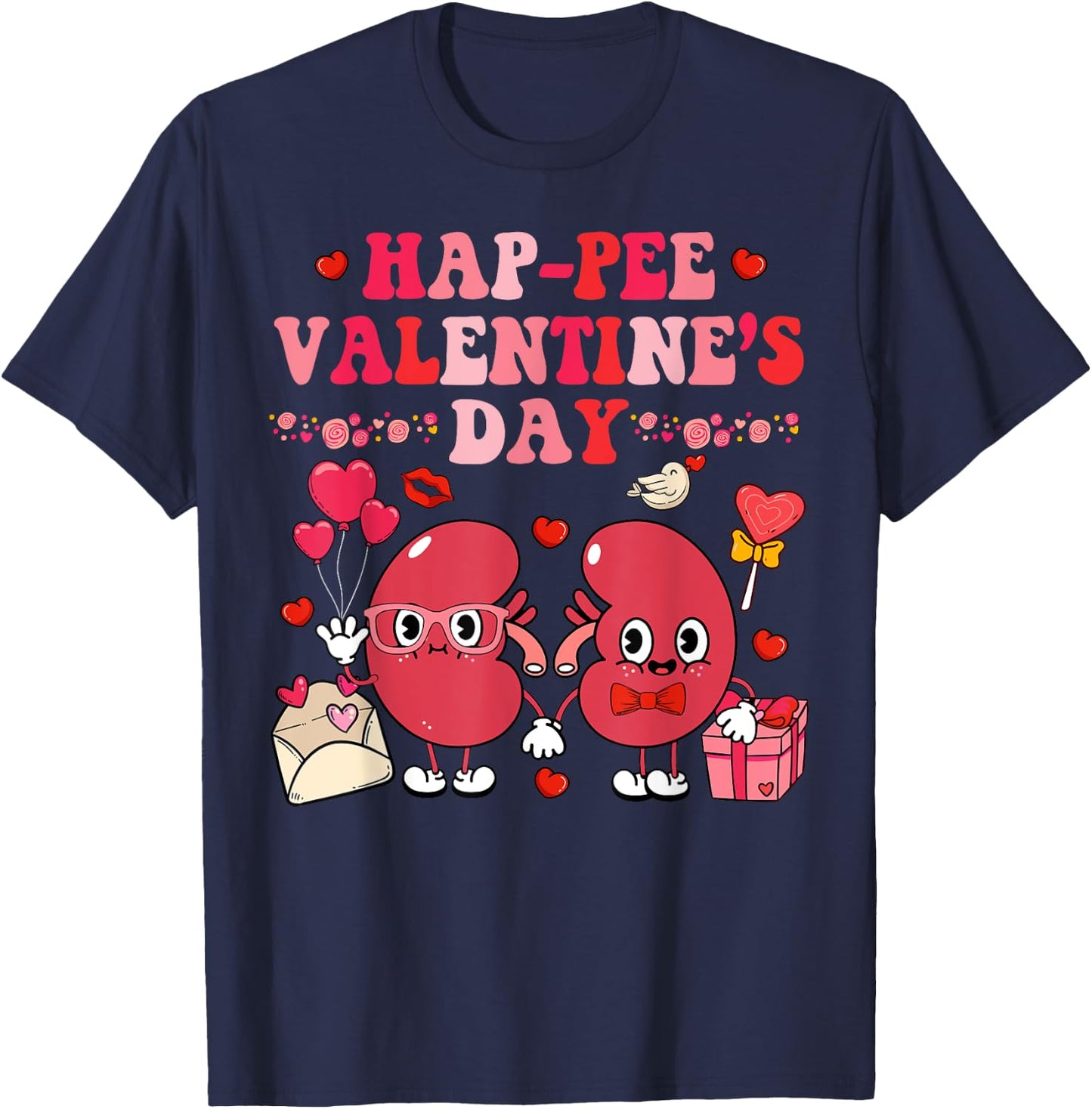 Groovy Happy Valentine's Day Kidney Urology Black Retro Valentine's Day -Adults Nurse T-Shirt - T-Shirt | Navy