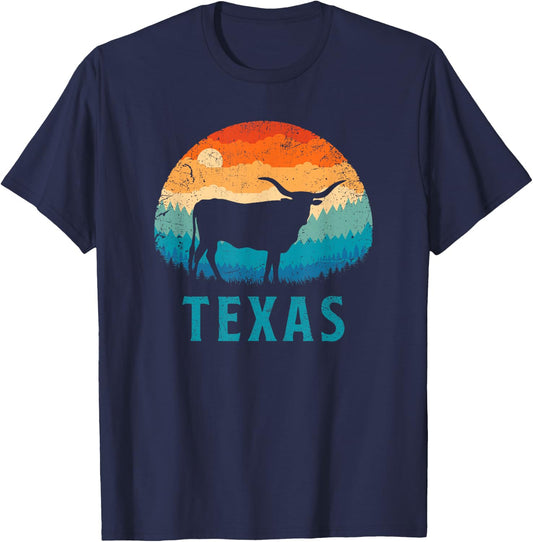 Texas Longhorn Cow Vintage Texan Cattle Herd Retro Lone Star T-Shirt - T-Shirt | Navy