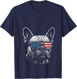 French Bulldog USA Flag Sunglasses 4th Of July V-Neck T-Shirt - T-Shirt | Navy