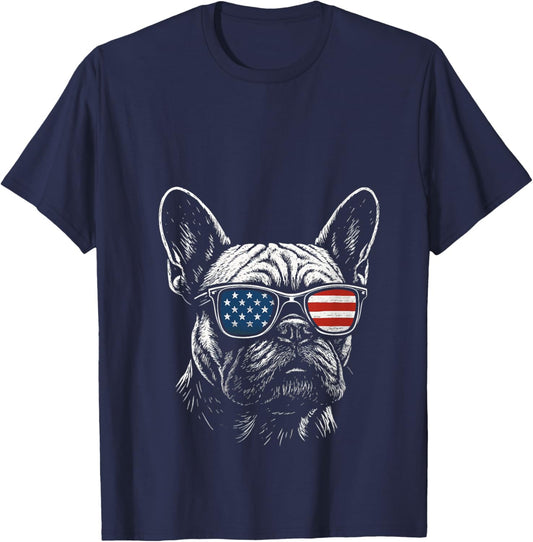 French Bulldog USA Flag Sunglasses 4th Of July V-Neck T-Shirt - T-Shirt | Navy