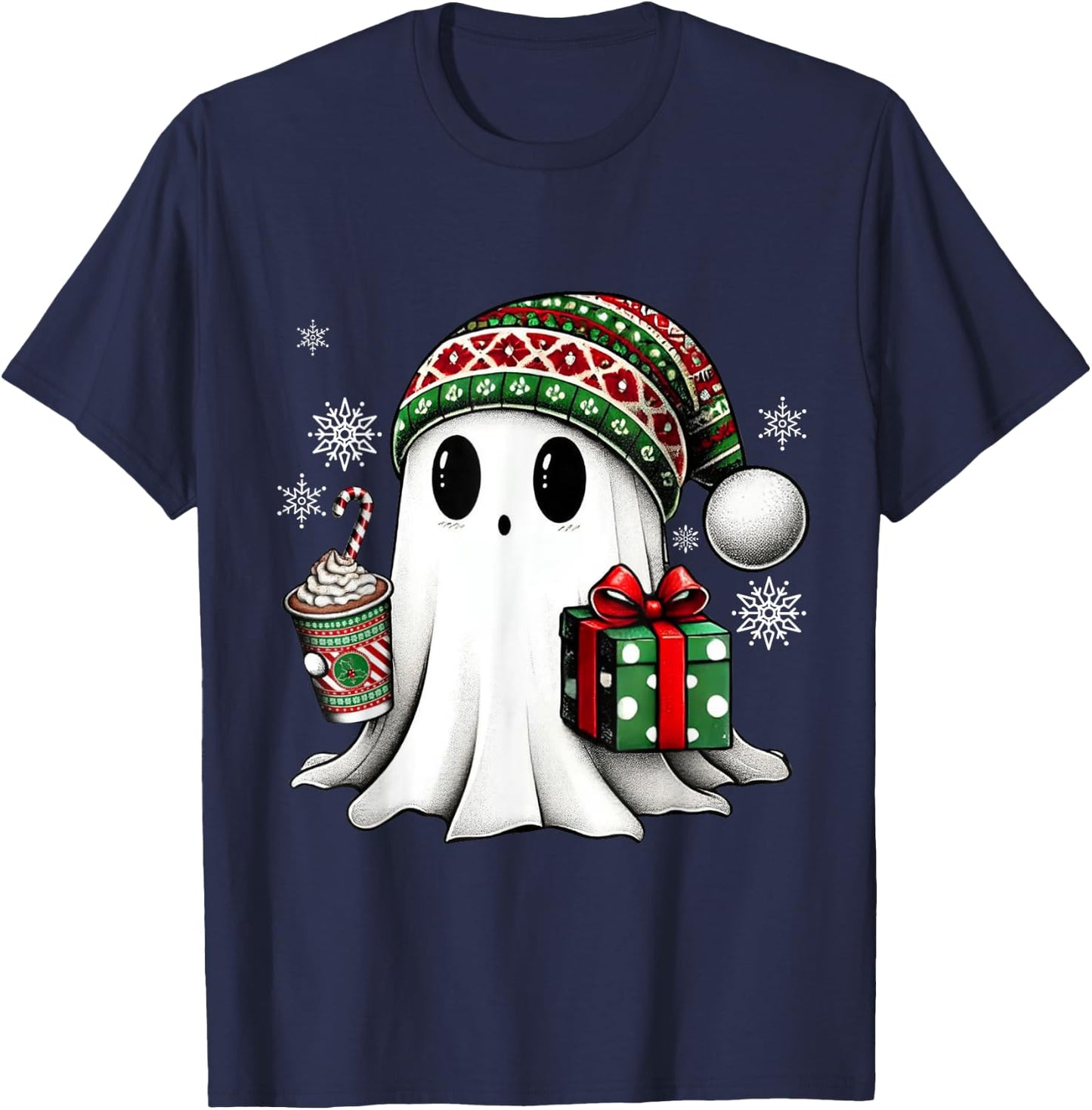 Christmas Cute Ghost Drink Coffee Funny Christmas Ghost T-Shirt - T-Shirt | Navy