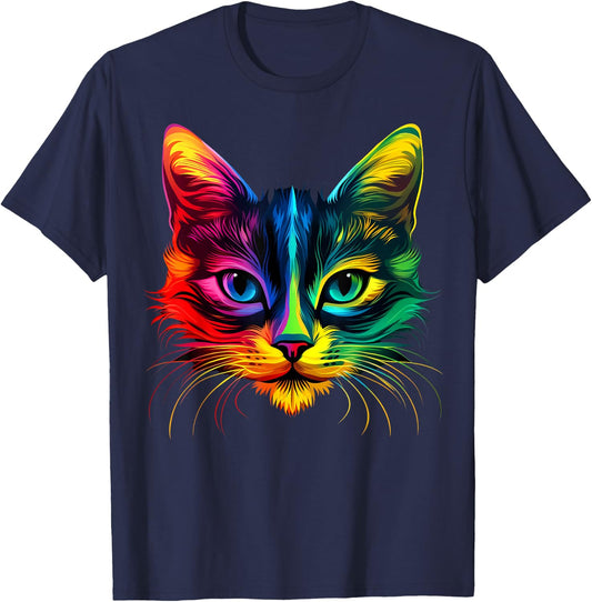 Colorful Cat Face Cute Pet Animal Lover Men Women Black T-Shirt - T-Shirt | Navy