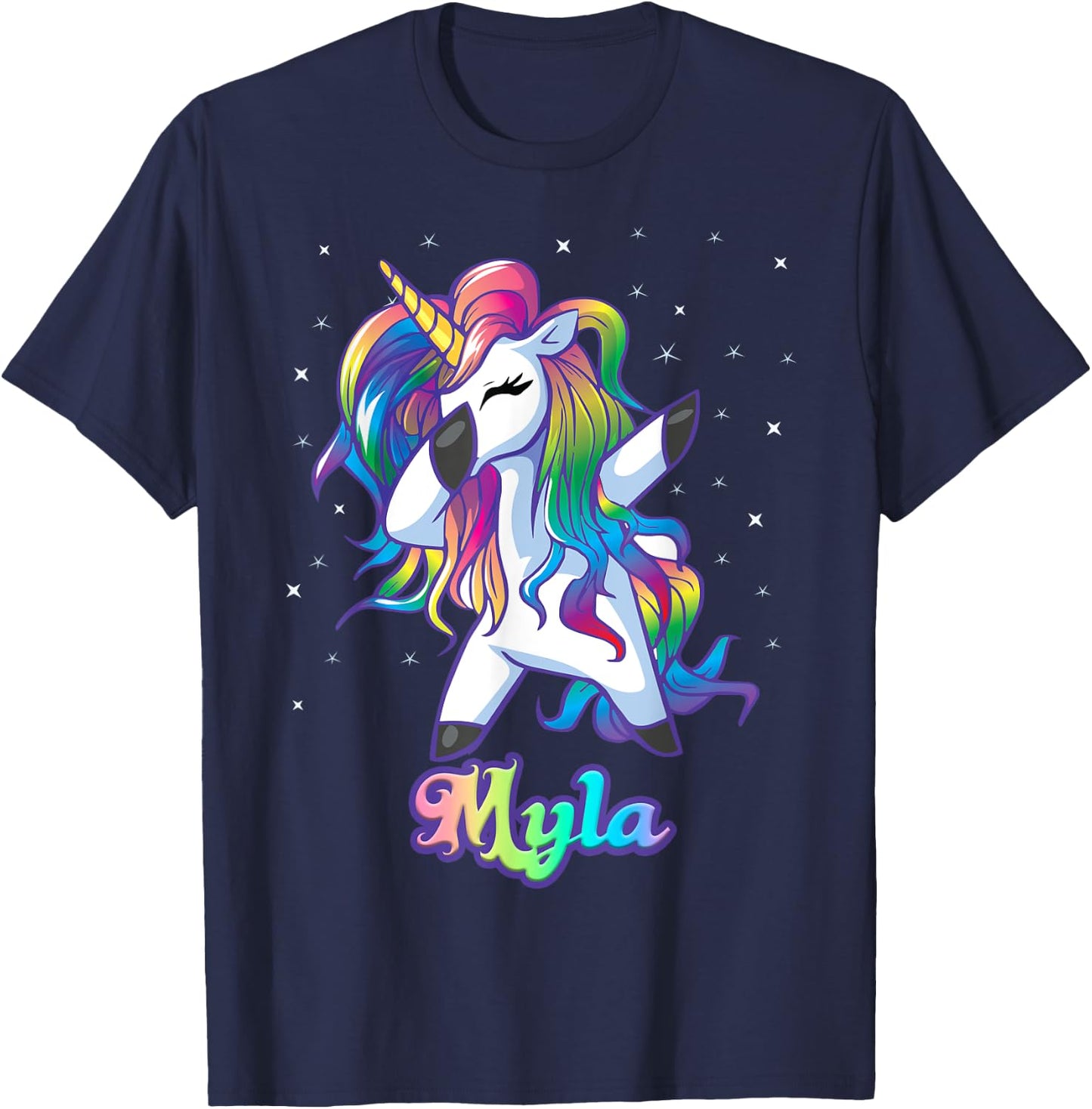 MYLA Name Personalized Custom Rainbow Unicorn Dabbing T-Shirt - T-Shirt | Navy