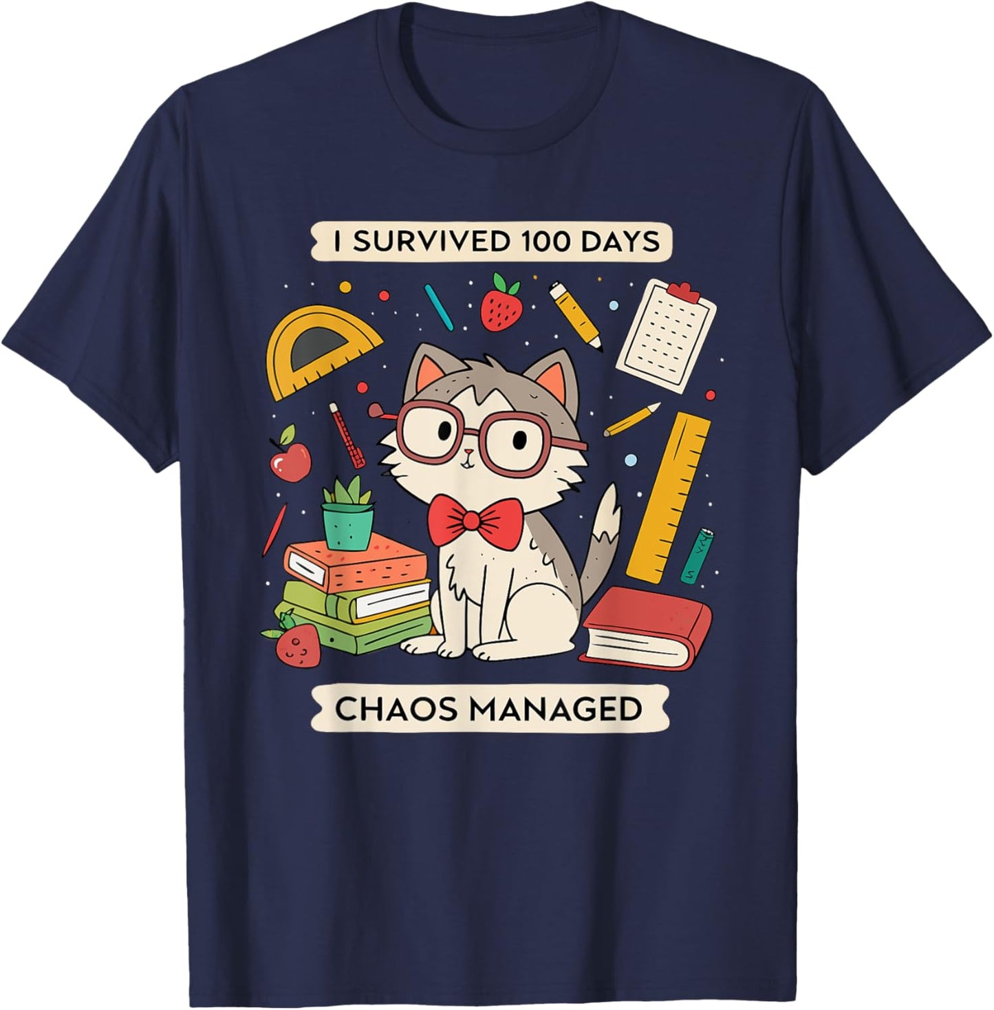I Survived 100 Days Of School - Funny Cute Teacher Cat Men Women Kids T-Shirt - T-Shirt | Navy