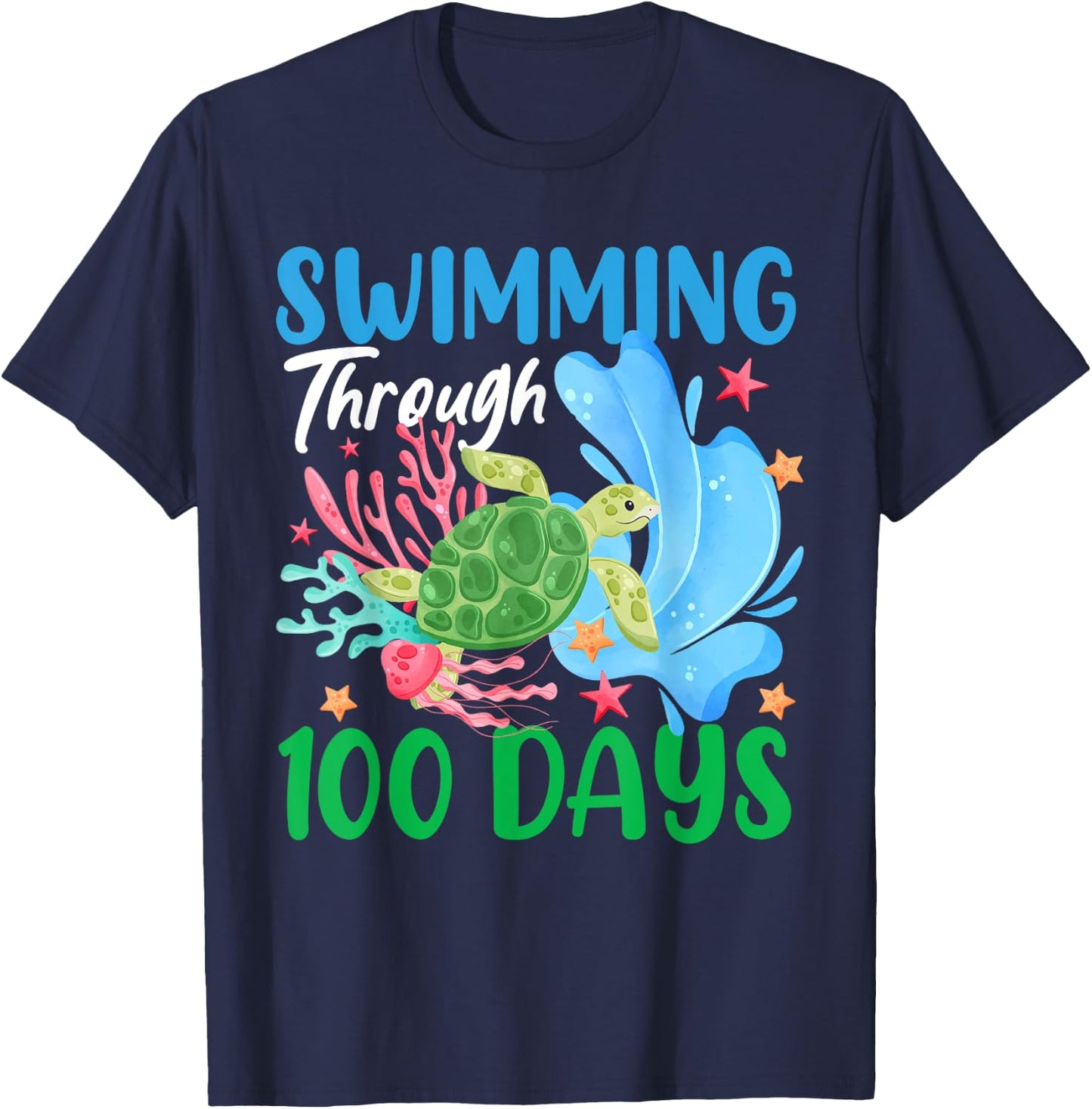 Sea Turtle Swimming Through 100 Days Of School Teacher Kids T-Shirt - T-Shirt | Navy