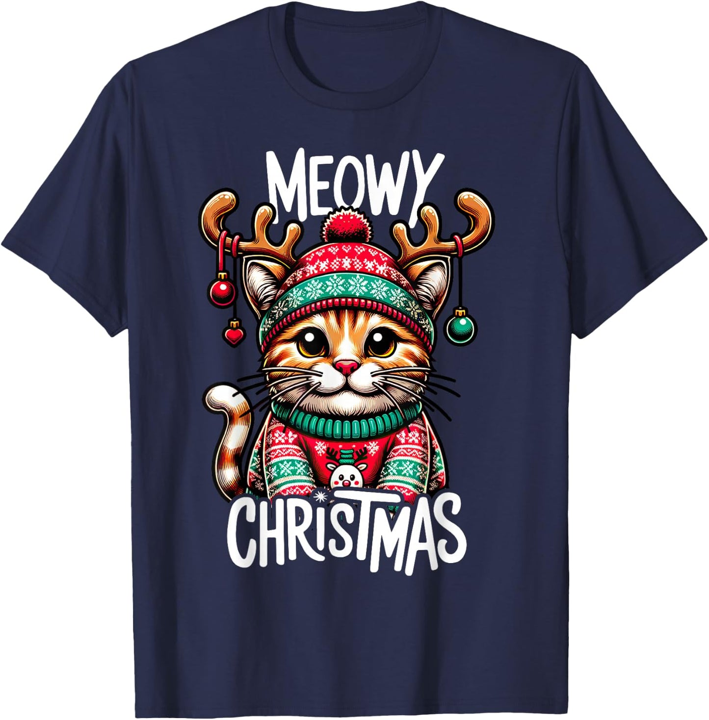 Meowy Christmas Cat Lover Funny Festive Holidays Cute Kitten Men Women Kids T-Shirt - T-Shirt | Navy