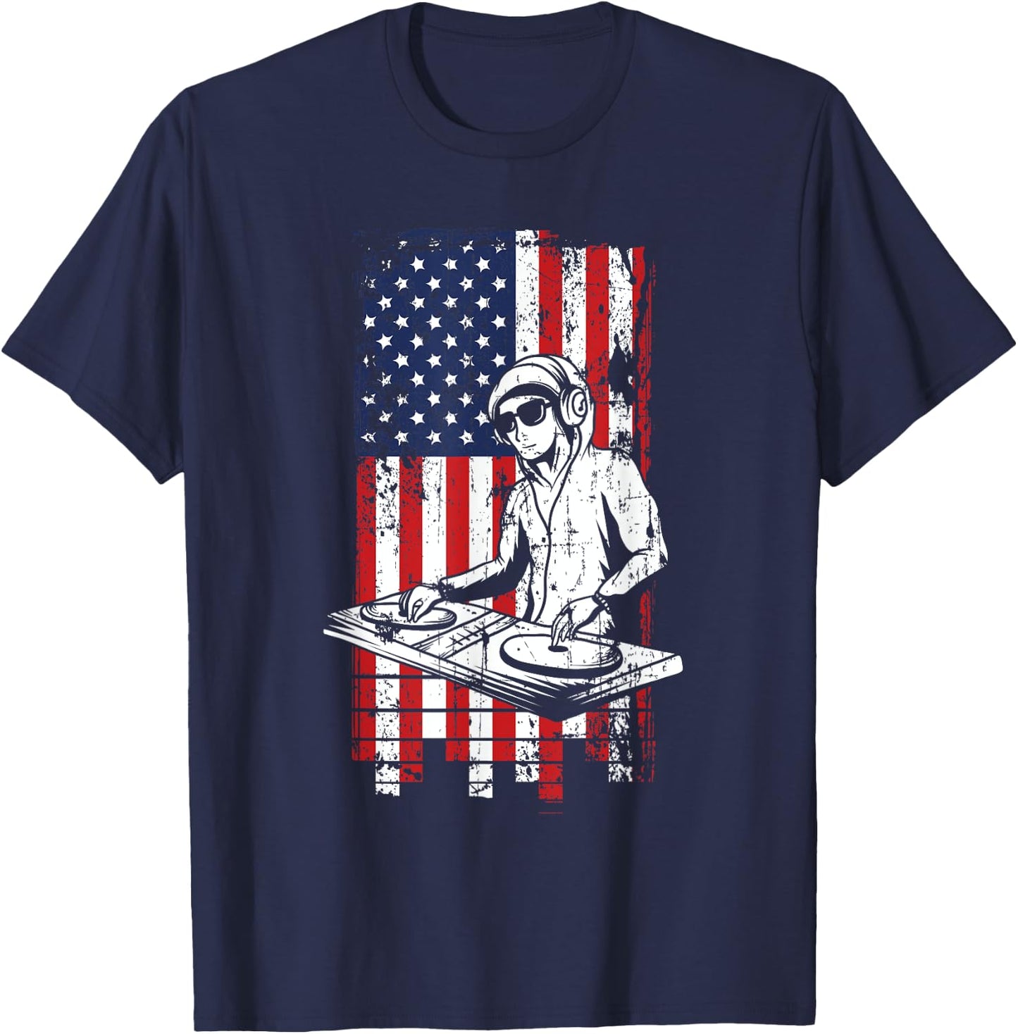 4th of July American Flag DJ Music Lover Turntable Gifts T-Shirt - T-Shirt | Navy