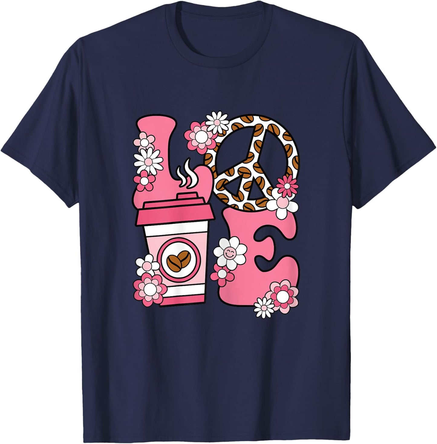 Cute Coffee Clothing Women Women's Graphic Pink Coffee Cup Print X-Small Black Coffee Lover T-Shirt - T-Shirt | Navy